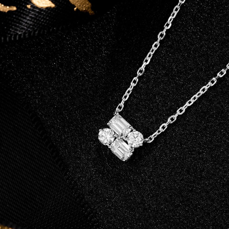 Emerald & Round cluster Lab Grown Diamond Necklace in 14k White Gold