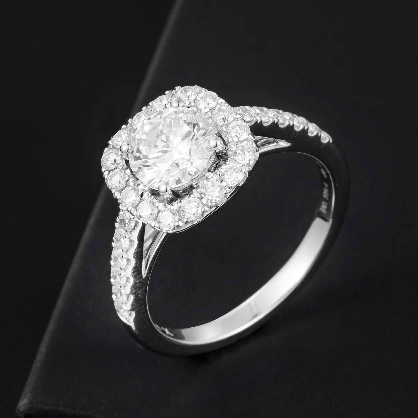 1ct Round Cushion Halo Lab Grown Diamond Engagement Ring in 14K White Gold