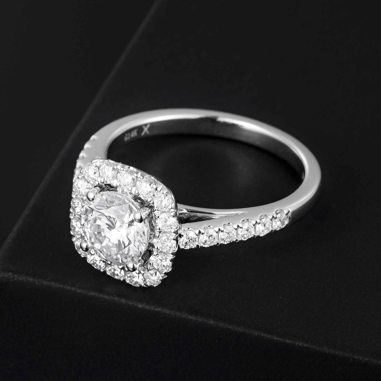 1ct Round Cushion Halo Lab Grown Diamond Engagement Ring in 14K White Gold