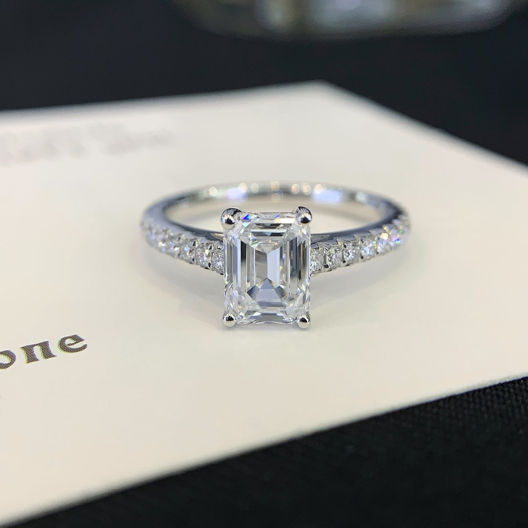 1 ct Emerald Cut Pave Lab Grown Diamond Engagement Ring in 14k White Gold