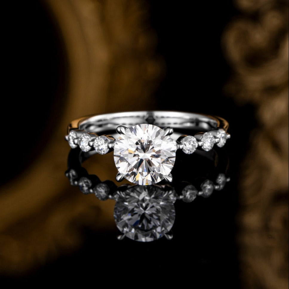 1ct Round 4 prongs Station Lab Grown Diamond Engagement Ring in 14k White Gold