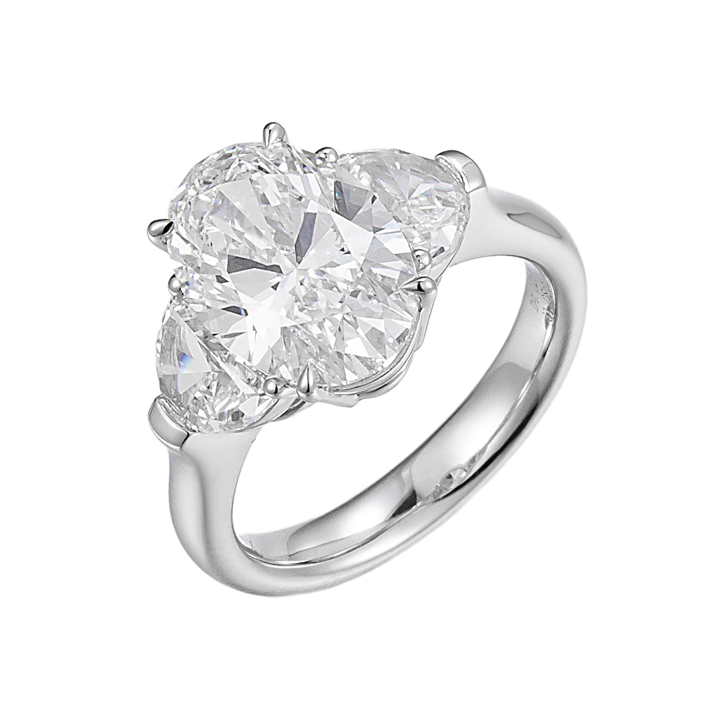 4ct Oval Diamond Three-Stone Half-Moon Sidestone Diamond Engagement Ring in Platinum