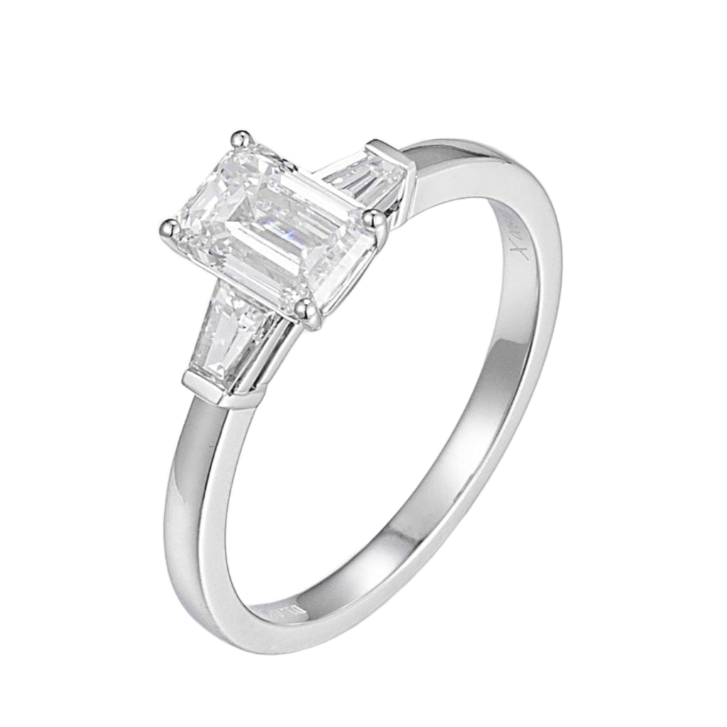 1 ct Three Stone Emerald &Tapered Baguette Lab Grown Diamond Engagement Ring in Platinum