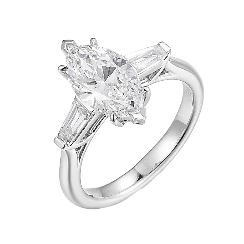 1ct Three Stone Marquise Cut Lab Grown Diamond with Tapered Baguette Ring in 14k White Gold