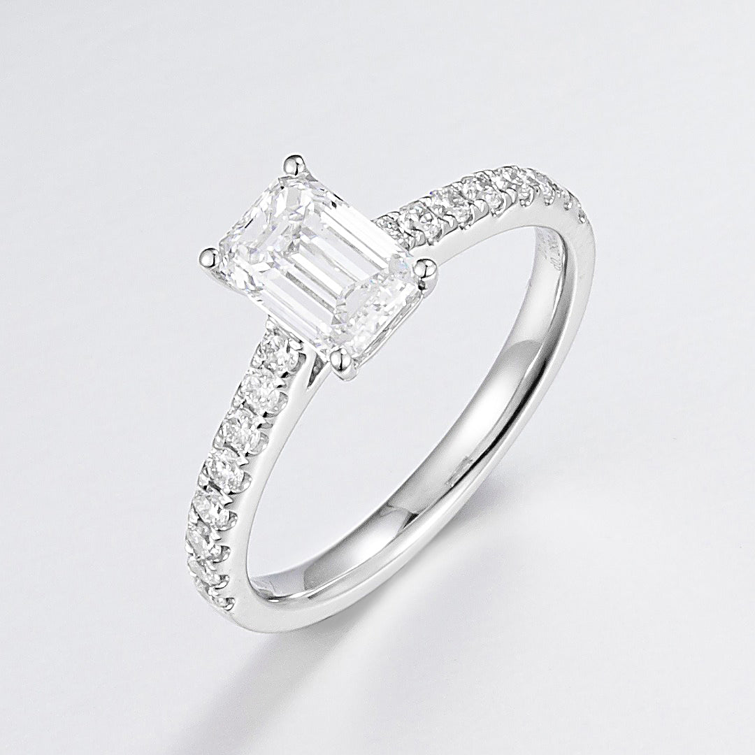 1 ct Emerald Cut Pave Lab Grown Diamond Engagement Ring in 14k White Gold