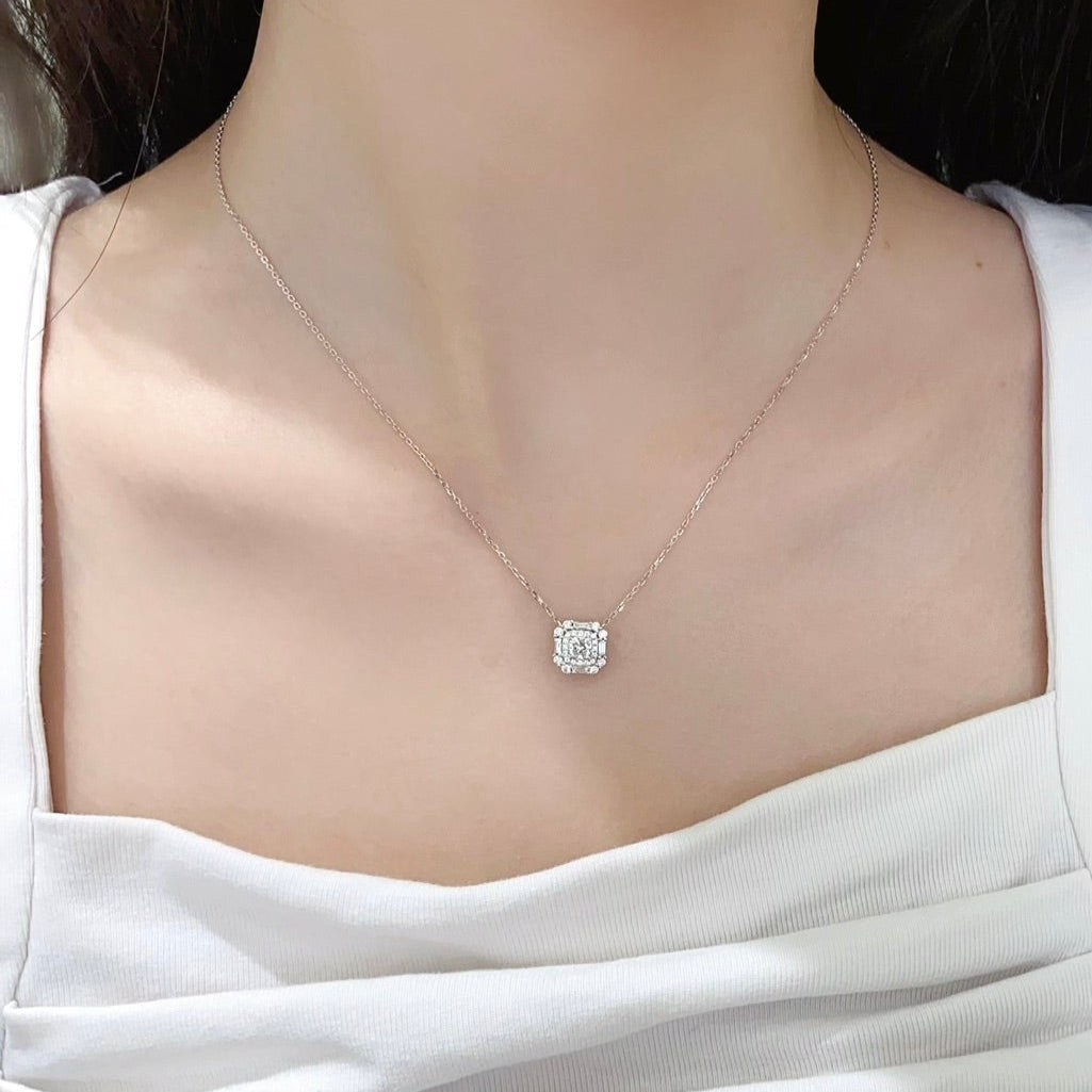 Round Baguette Lab Grown Diamond Necklace in Platinum