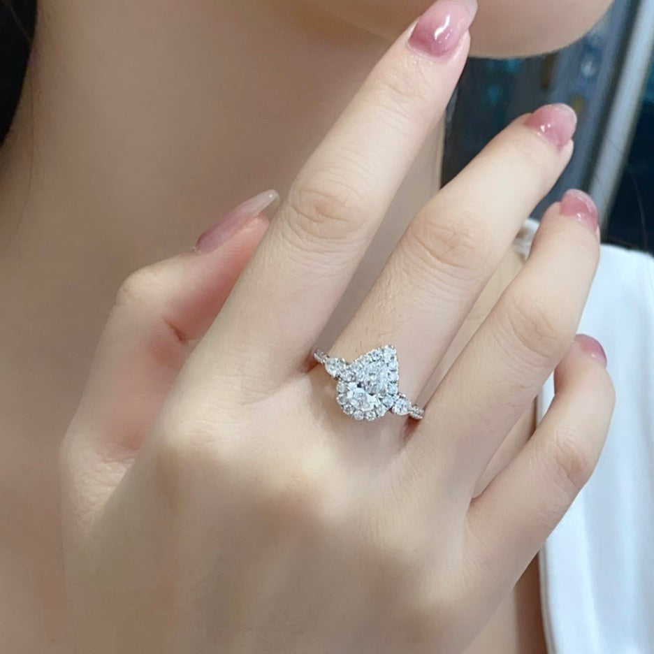 Three Stone Pear Halo Lab Grown Diamond Engagement Ring in 14k White Gold