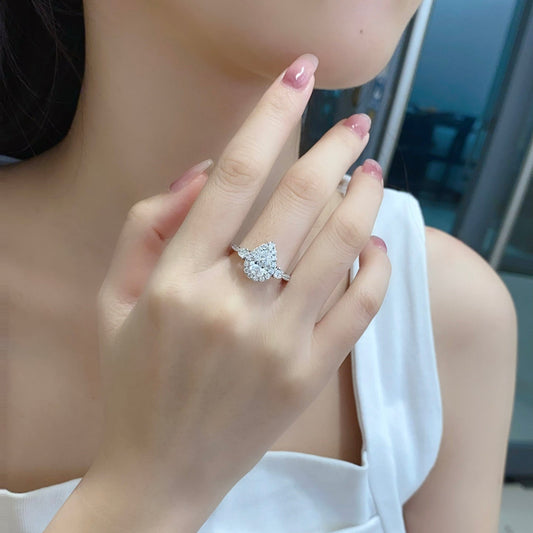 Three Stone Pear Halo Lab Grown Diamond Engagement Ring in 14k White Gold