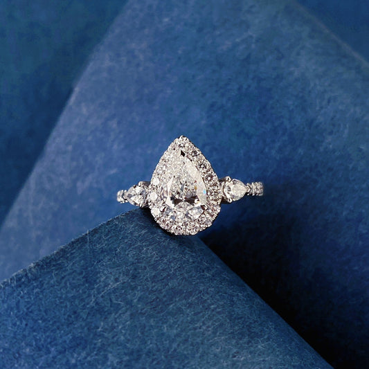 Three Stone Pear Halo Lab Grown Diamond Engagement Ring in 14k White Gold