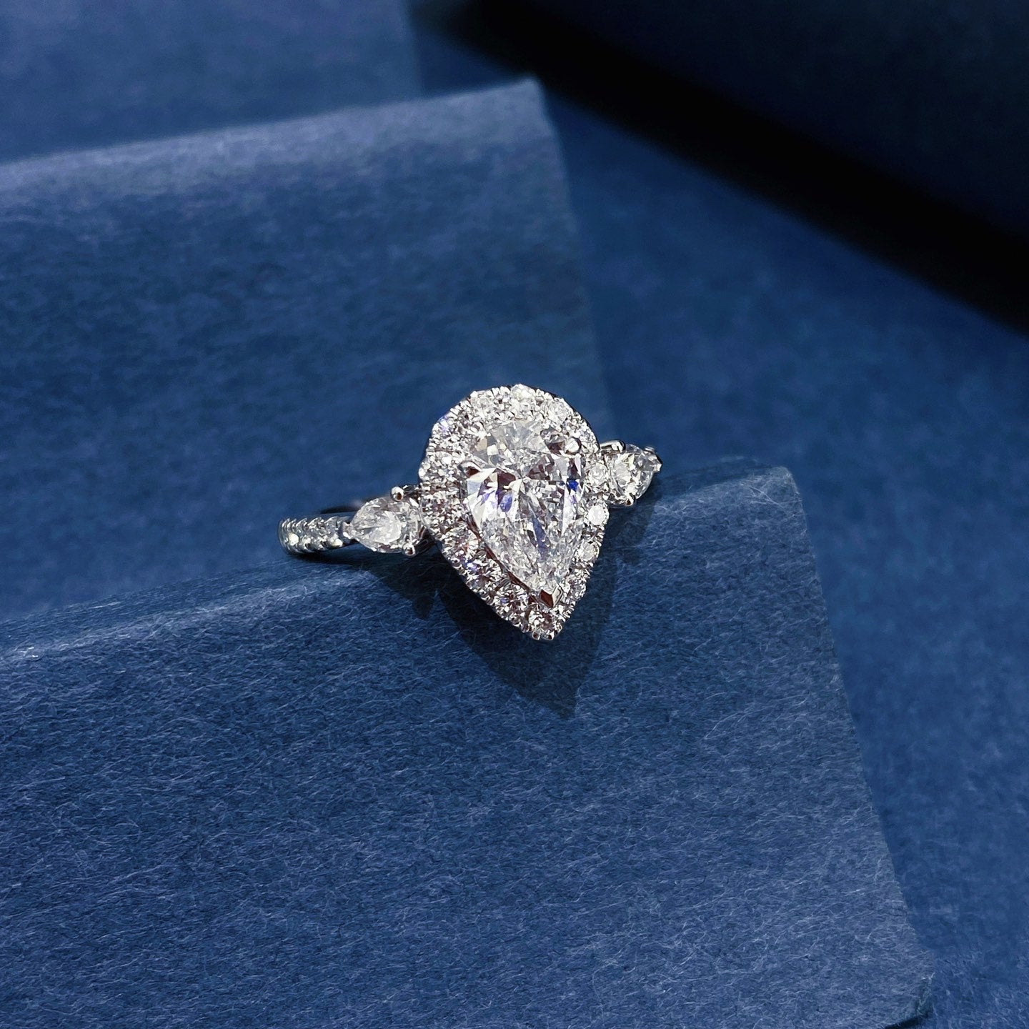 Three Stone Pear Halo Lab Grown Diamond Engagement Ring in 14k White Gold
