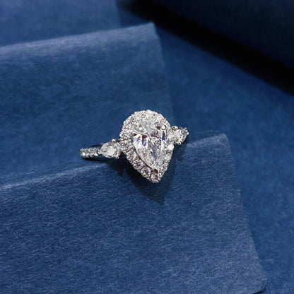 Three Stone Pear Halo Lab Grown Diamond Engagement Ring in 14k White Gold