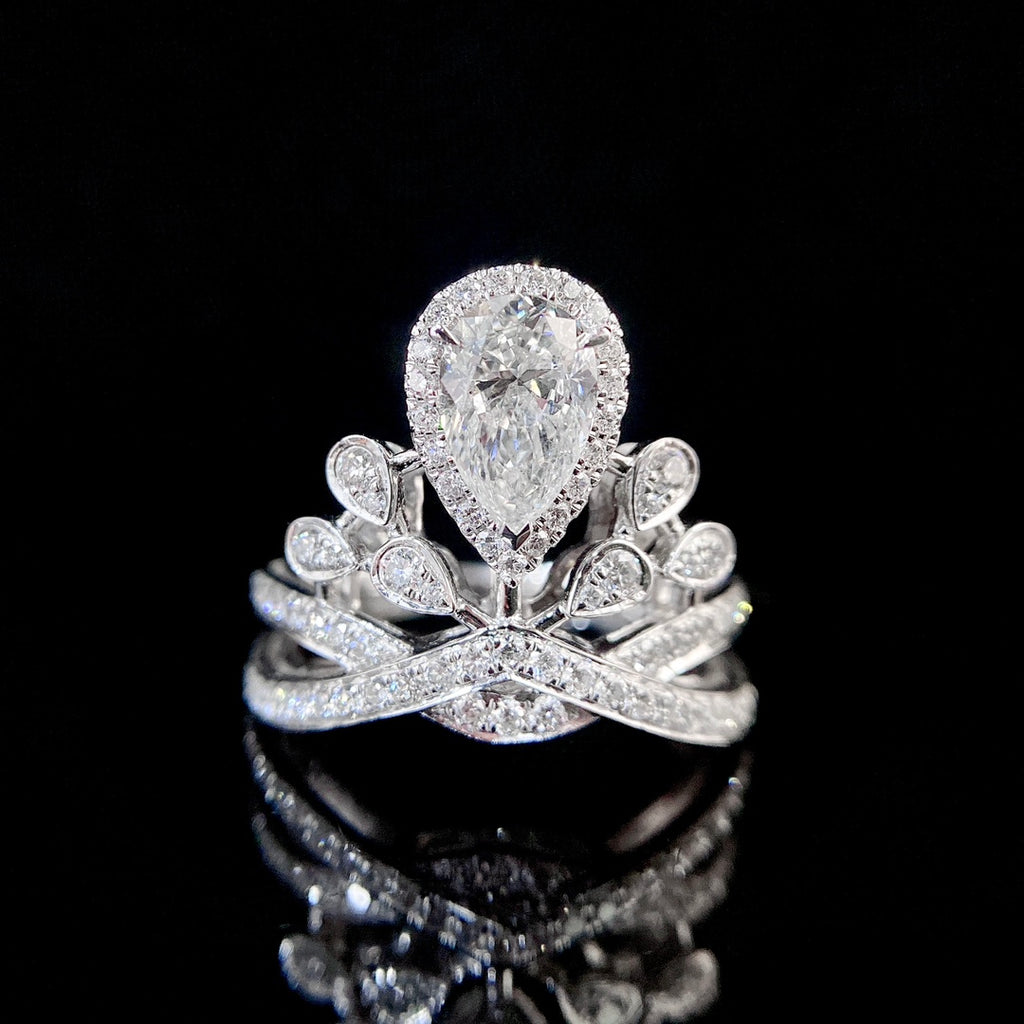 1 ct Pear Crown Style Lab Grown Diamond Engagement Ring in 14K White Gold