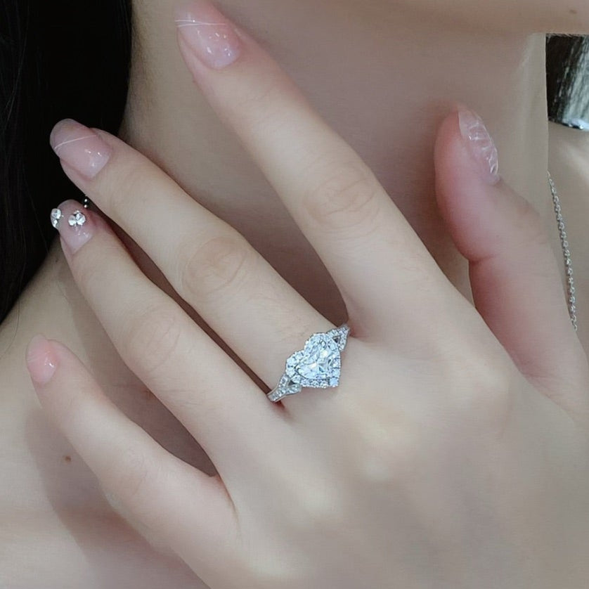 Heart Halo Split Shank Lab Grown Diamond Engagement Ring in 14k White Gold