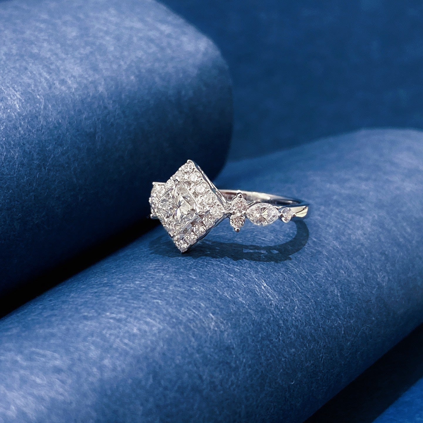 Vintage Princess cut Halo Lab Grown Diamond Engagement Ring in 14K White Gold