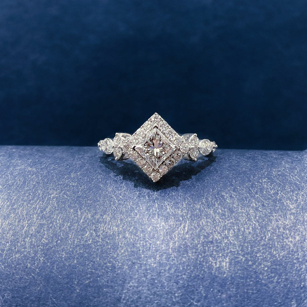 Vintage Princess cut Halo Lab Grown Diamond Engagement Ring in 14K White Gold
