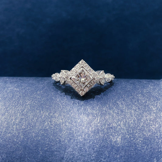 Vintage Princess cut Halo Lab Grown Diamond Engagement Ring in 14K White Gold