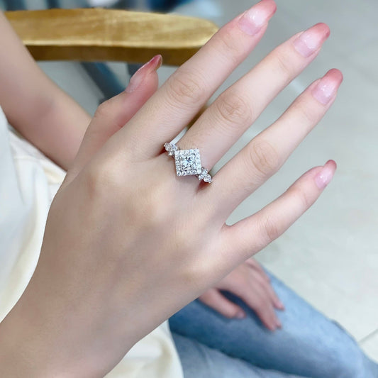 Vintage Princess cut Halo Lab Grown Diamond Engagement Ring in 14K White Gold