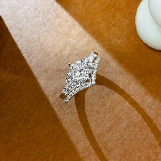 Cluster style Princess cut Lab Grown Diamond Engagement Ring in 14k White Gold
