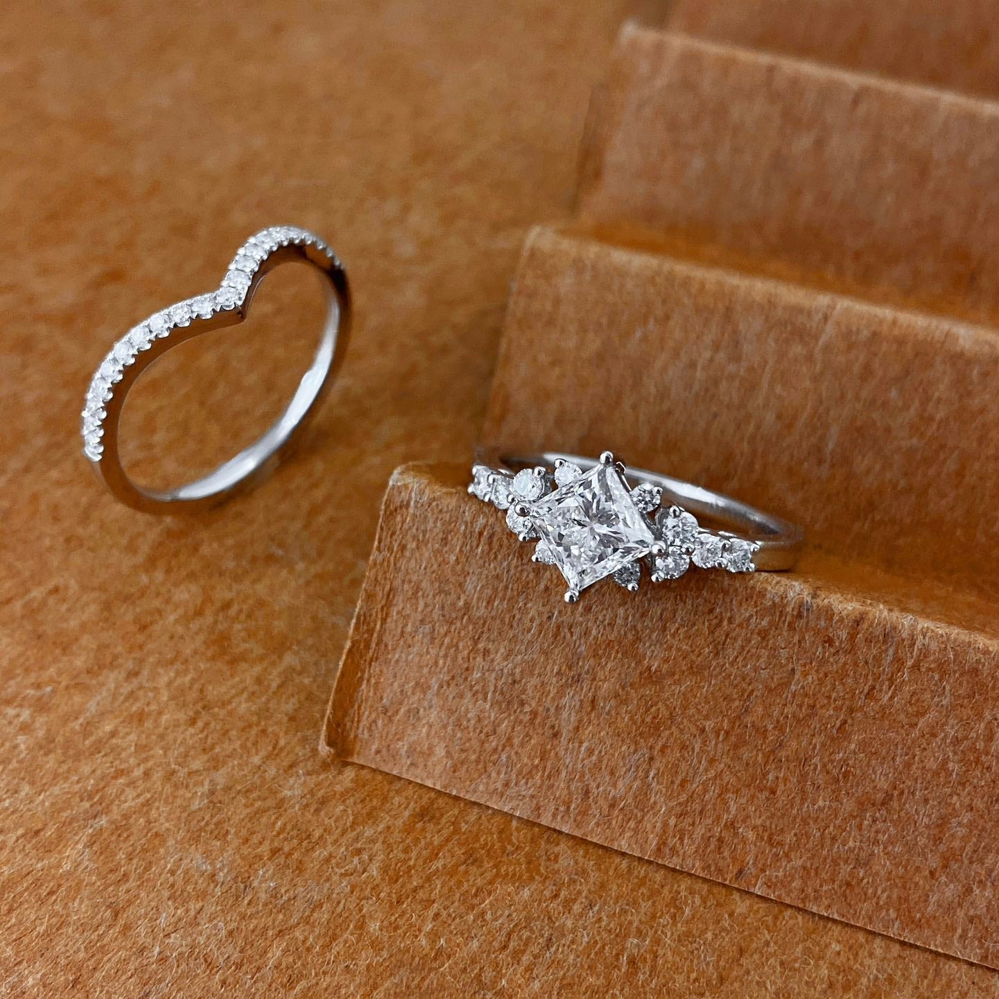 Cluster style Princess cut Lab Grown Diamond Engagement Ring in 14k White Gold