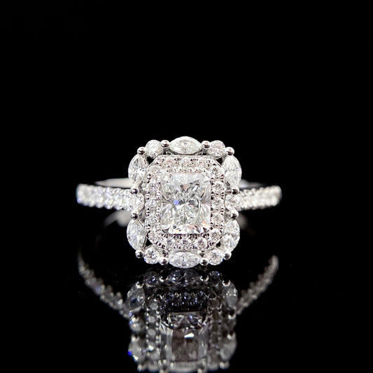 Double Halo Radiant Lab Grown Diamond Engagement Ring in 14k White Gold