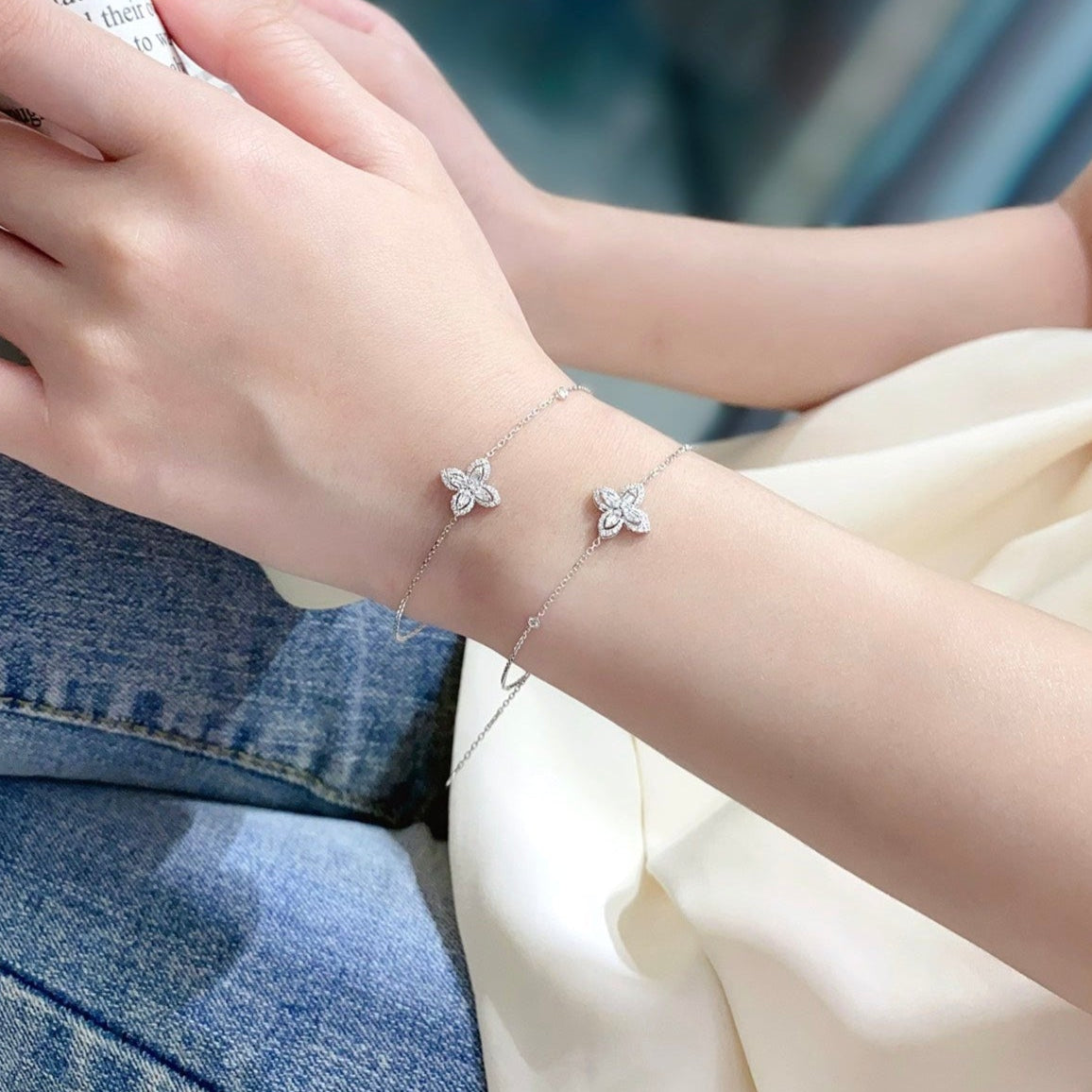 Four Leaf Clover Lab Grown Diamond Bracelet Lucky Charm in 14k White Gold