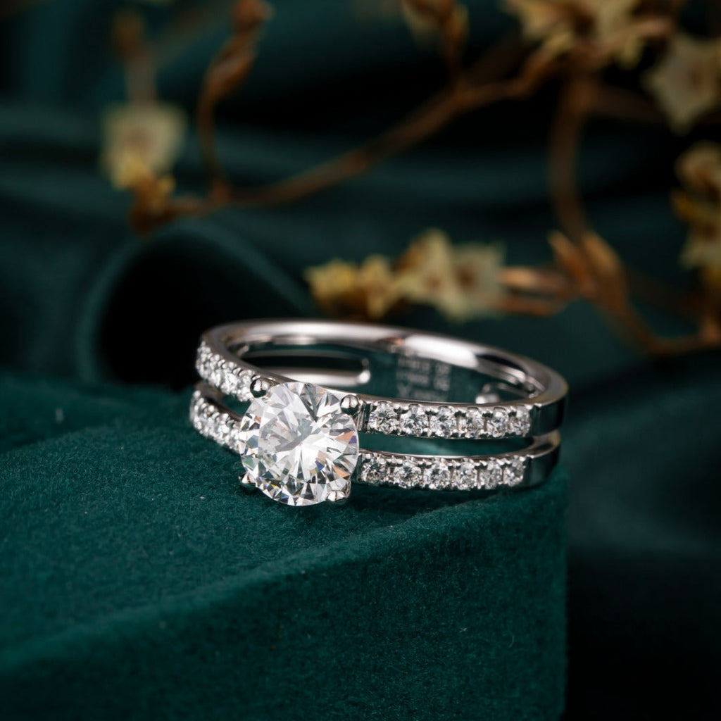 1ct Round cut Lab Grown Diamond Double Pave Ring in 14K White Gold
