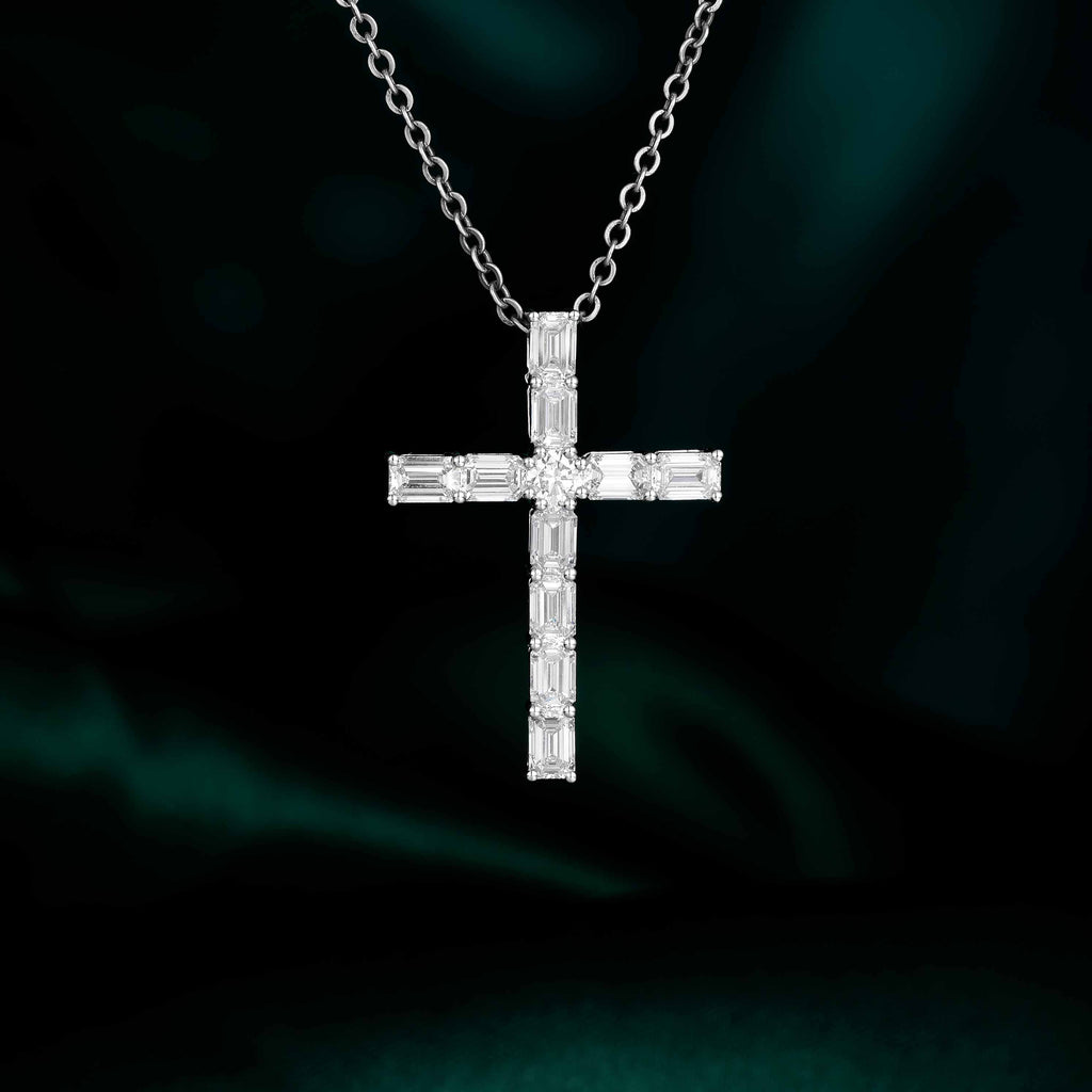 1.321 ctw Emerald Cut Diamond Cross Pendant Necklace in 14K White Gold