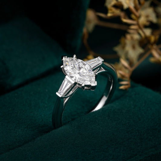 1ct Three Stone Marquise Cut Lab Grown Diamond with Tapered Baguette Ring in 14k White Gold