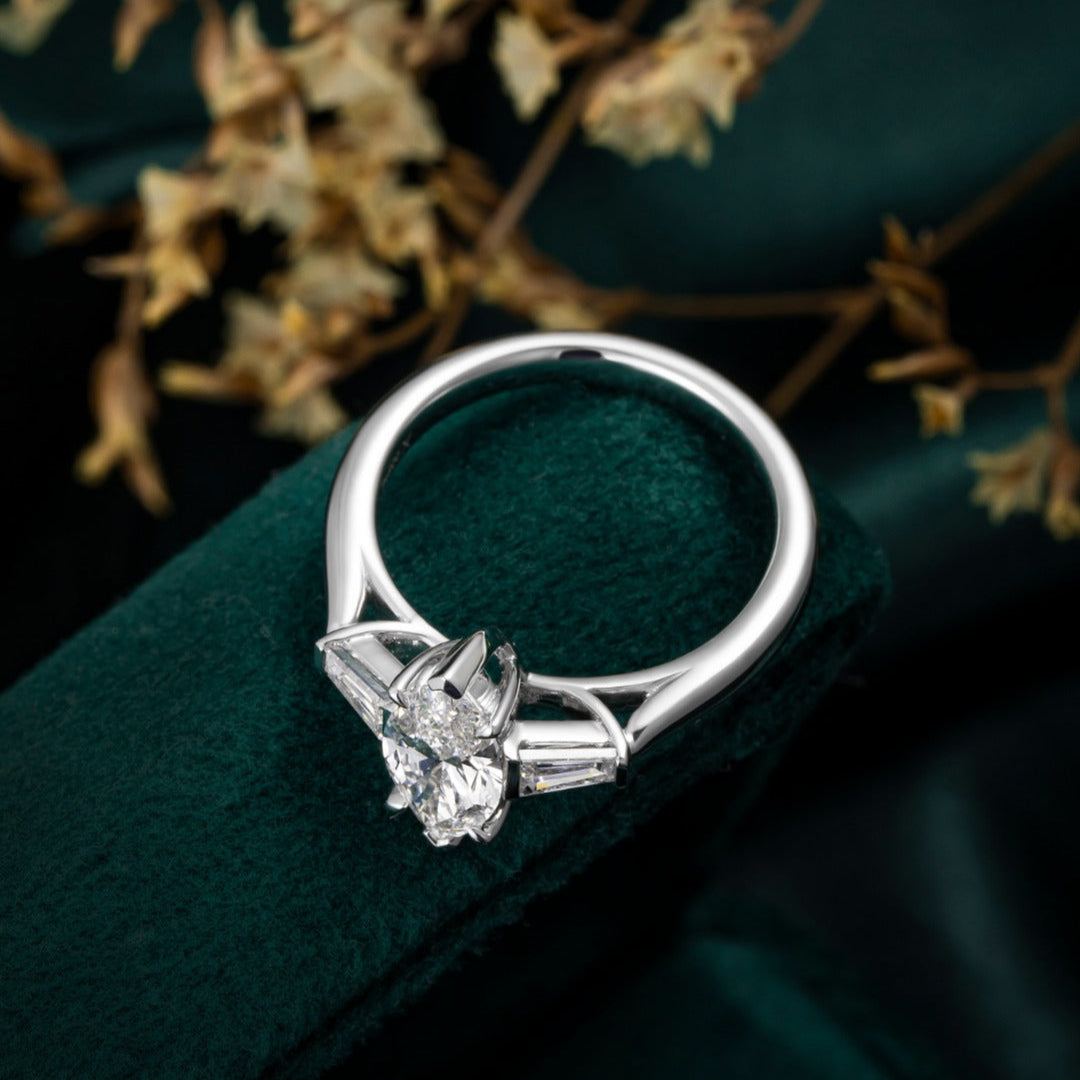1ct Three Stone Marquise Cut Lab Grown Diamond with Tapered Baguette Ring in 14k White Gold