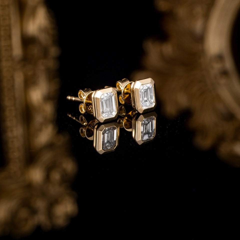 1ctw Emerald Bezel Lab Grown Diamonds Earstuds (Pair) in 14k Yellow Gold