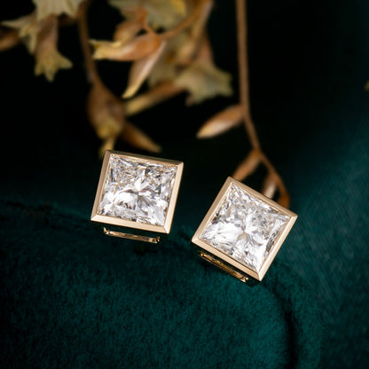 1.0 ctw Bezel Princess Cut Earstuds (Pair) in 14k Yellow Gold