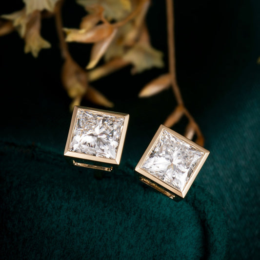 1.0 ctw Bezel Princess Cut Earstuds (Pair) in 14k Yellow Gold
