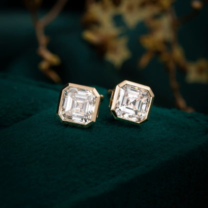 1 1/2 ctw Bezel Asscher Cut Earstuds(Pair) in 14k Yellow Gold