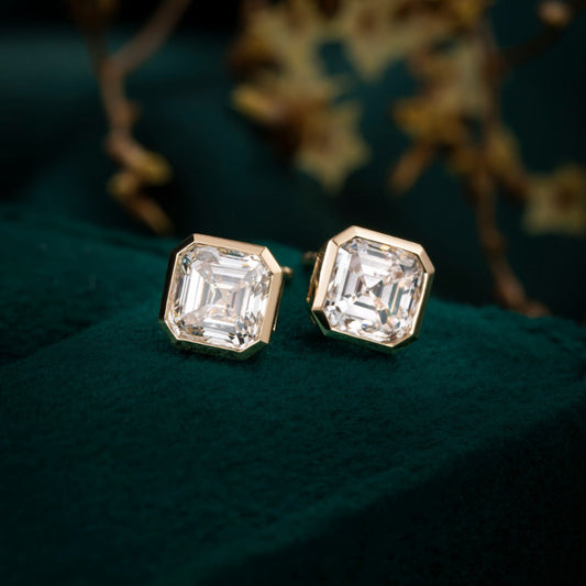1 1/2 ctw Bezel Asscher Cut Earstuds(Pair) in 14k Yellow Gold
