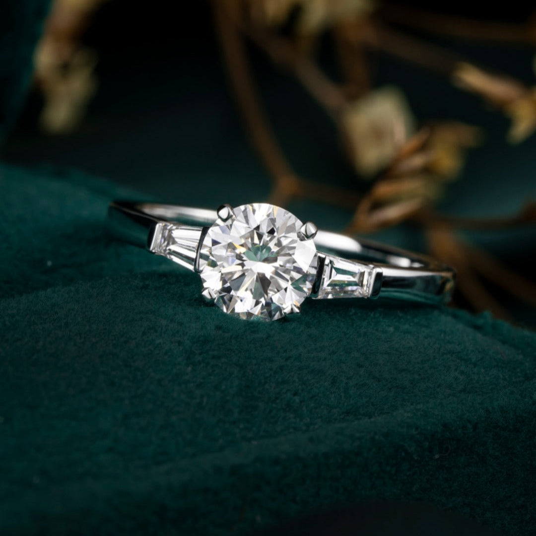 1 ct Three Stone Round Tapered Baguette Lab Grown Diamond Engagement Ring 14k White Gold