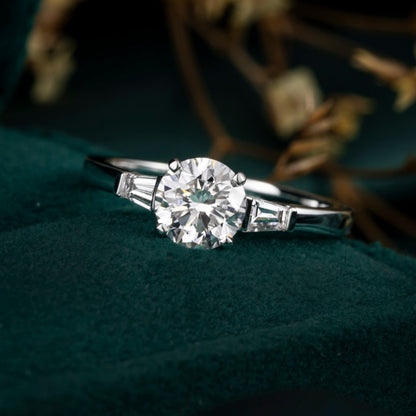 1 ct Three Stone Round Tapered Baguette Lab Grown Diamond Engagement Ring 14k White Gold