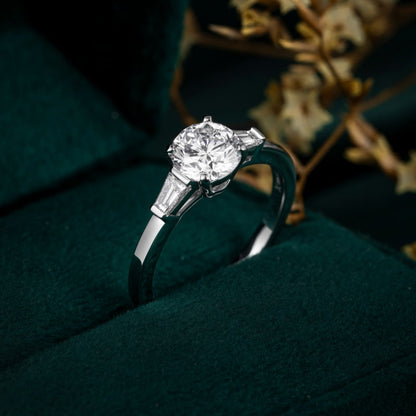 1 ct Three Stone Round Tapered Baguette Lab Grown Diamond Engagement Ring 14k White Gold