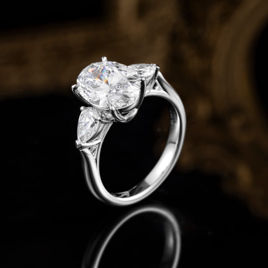 2 ct Three Stones Oval and Pear Cut Lab Created Diamond Engagement Ring in 14K White Gold