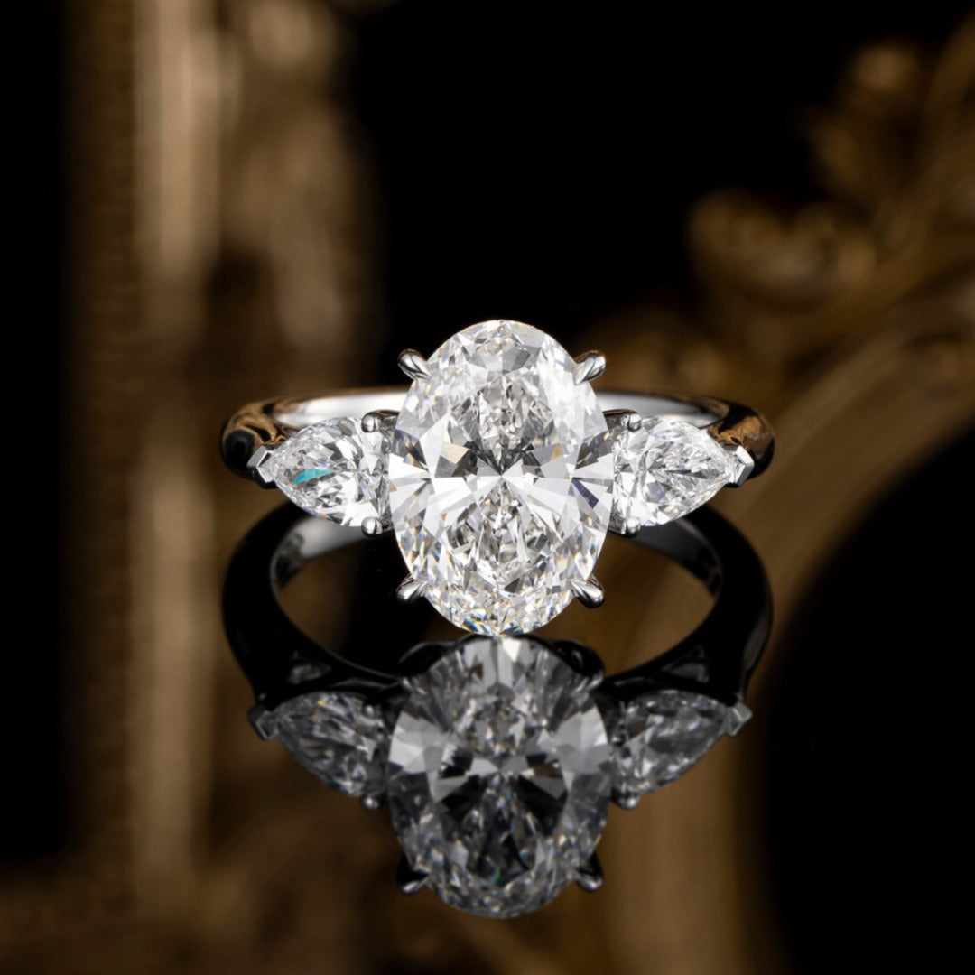 2 ct Three Stones Oval and Pear Cut Lab Created Diamond Engagement Ring in 14K White Gold