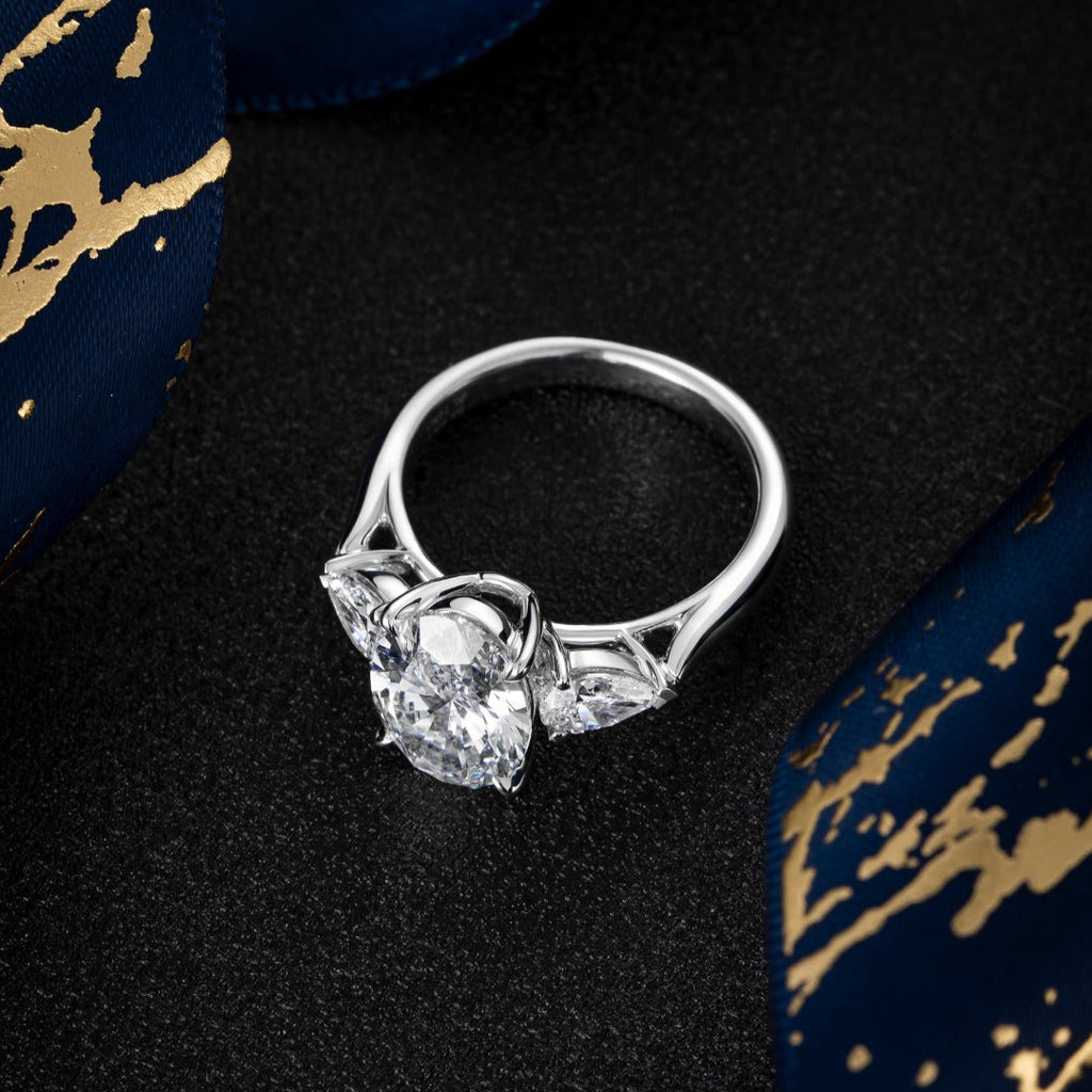 2 ct Three Stones Oval and Pear Cut Lab Created Diamond Engagement Ring in 14K White Gold