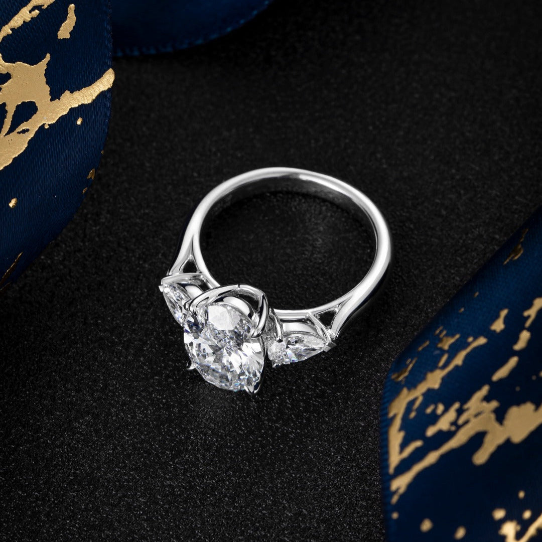 2 ct Three Stones Oval and Pear Cut Lab Created Diamond Engagement Ring in 14K White Gold
