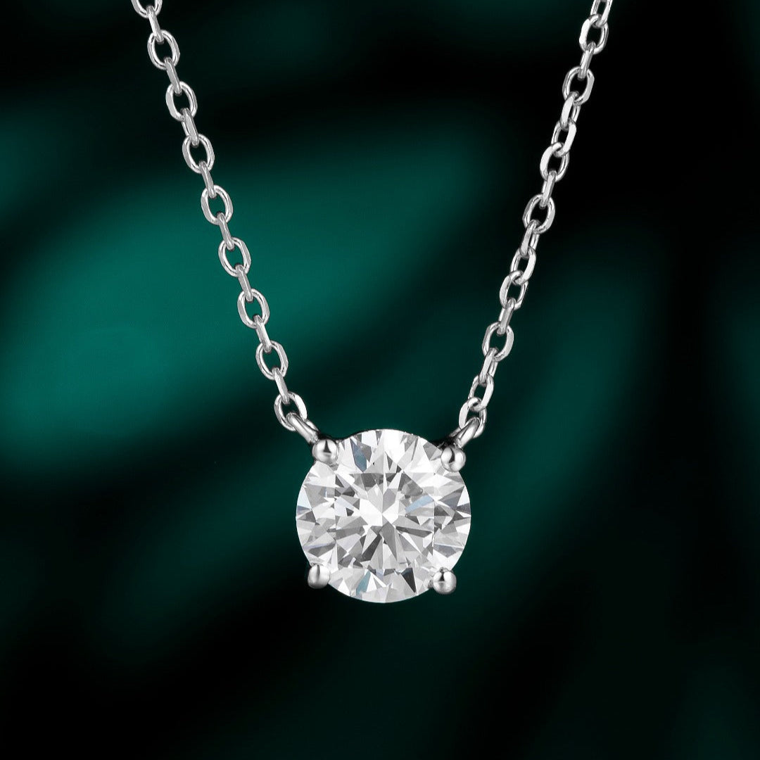 1 ct Round Solitaire 4 Prong Lab Grown Diamond Necklace 16-18 Inch in 14k White Gold