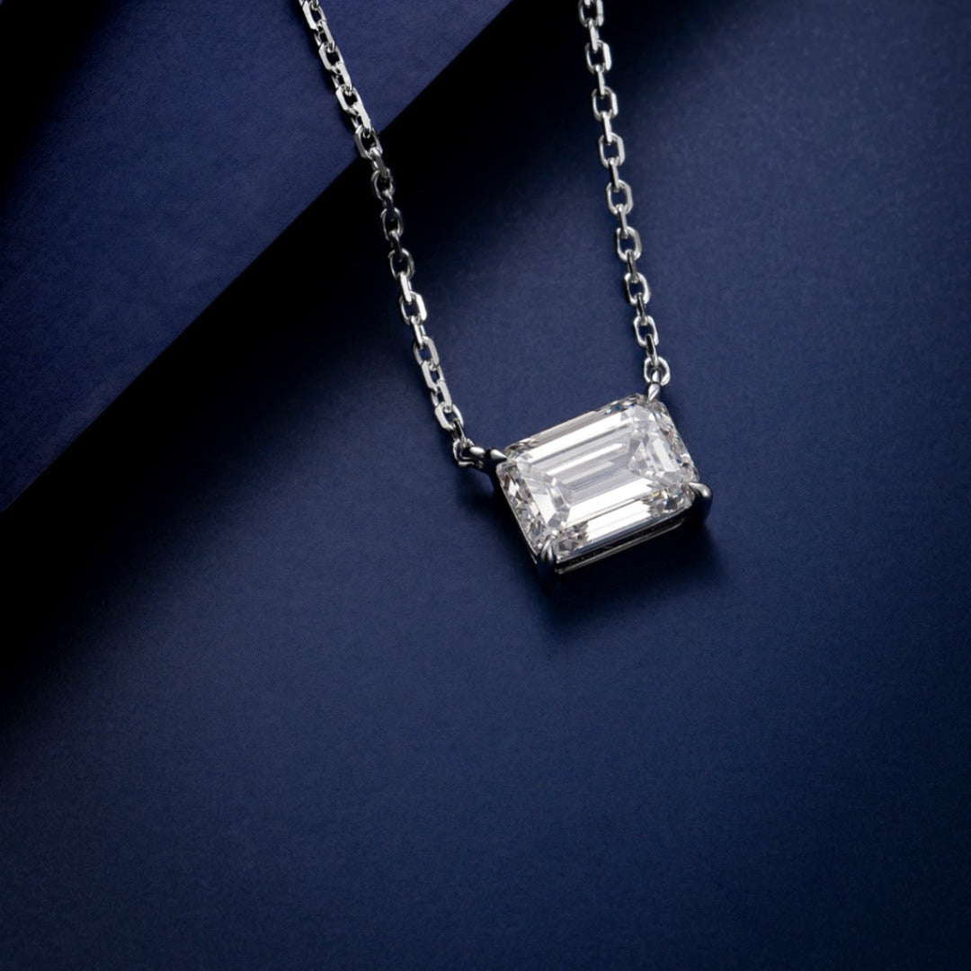 1 carat Emerald Cut Lab Diamond East-West Pendant Necklace with 14K white gold