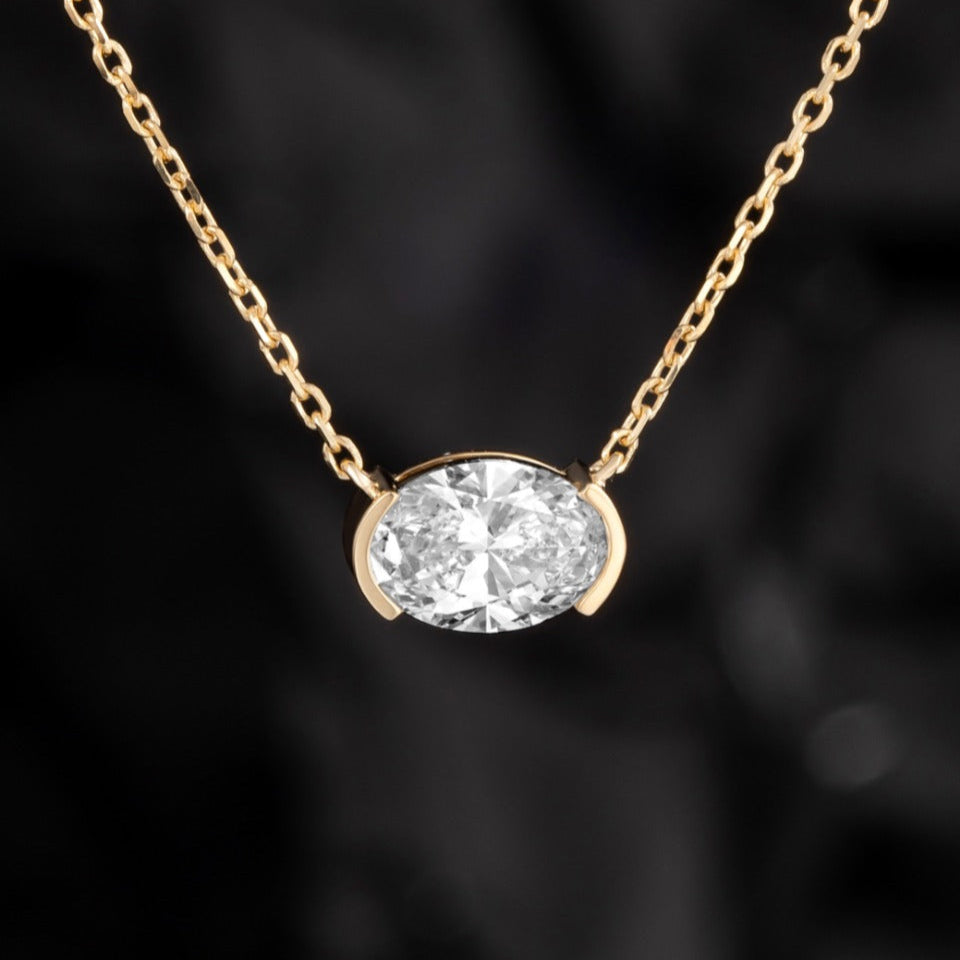 1 ct Oval Half Bezel Lab Grown Diamond East-West Necklace 16-18 Inch in 14k Yellow Gold