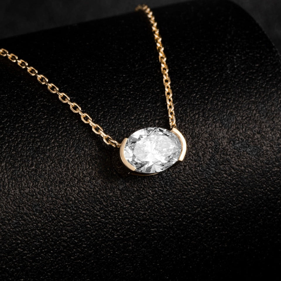 1 ct Oval Half Bezel Lab Grown Diamond East-West Necklace 16-18 Inch in 14k Yellow Gold