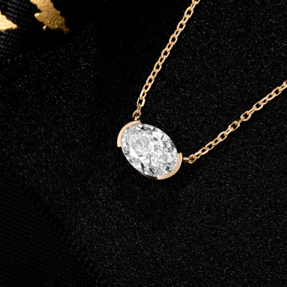 1 ct Oval Half Bezel Lab Grown Diamond East-West Necklace 16-18 Inch in 14k Yellow Gold