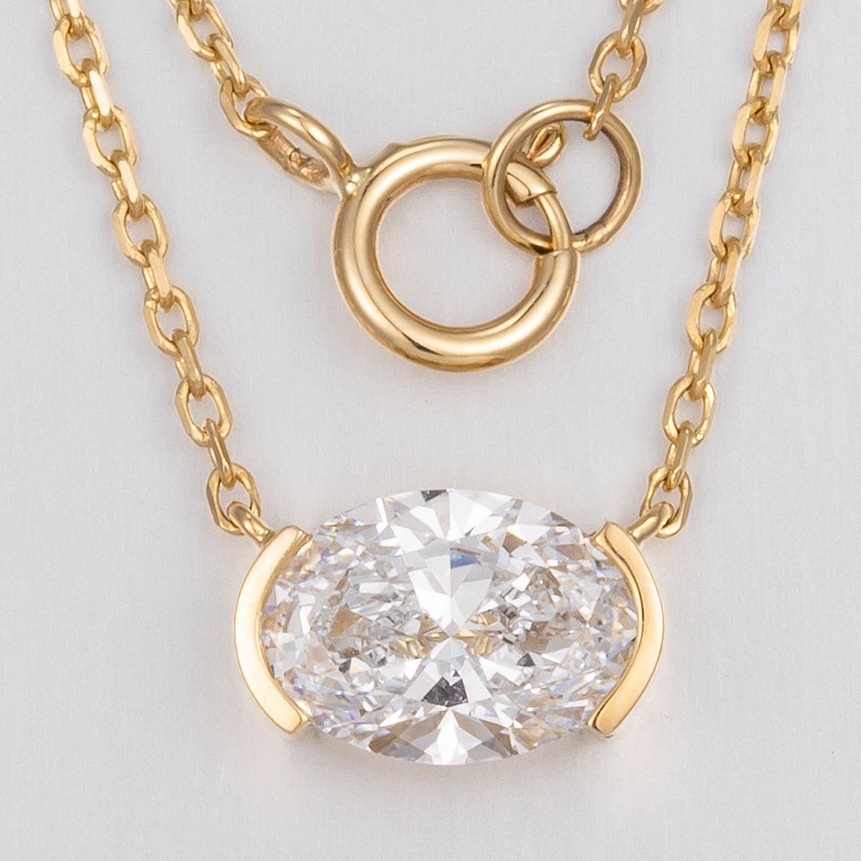 1 ct Oval Half Bezel Lab Grown Diamond East-West Necklace 16-18 Inch in 14k Yellow Gold