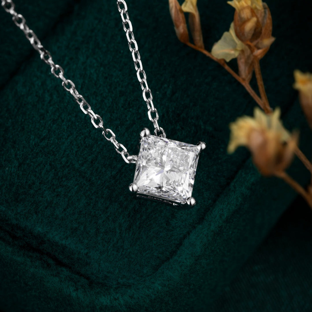 1ctw Compass Set Princess Diamond Necklace in 14k white gold
