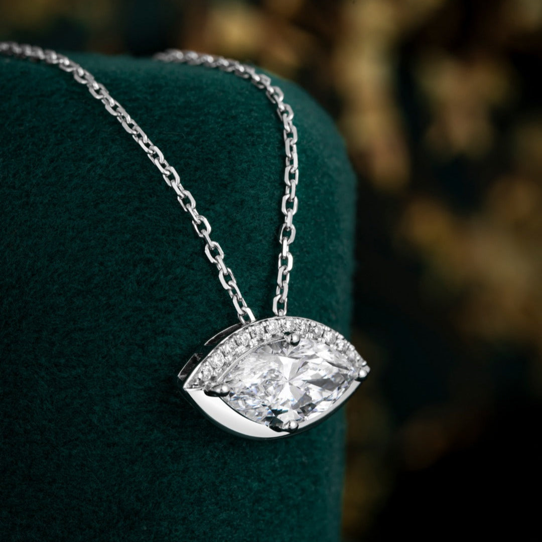 1 ct Marquise Half Halo Lab Grown Diamond Necklace (Evil Eye) 16-18 Inch in 14k White Gold