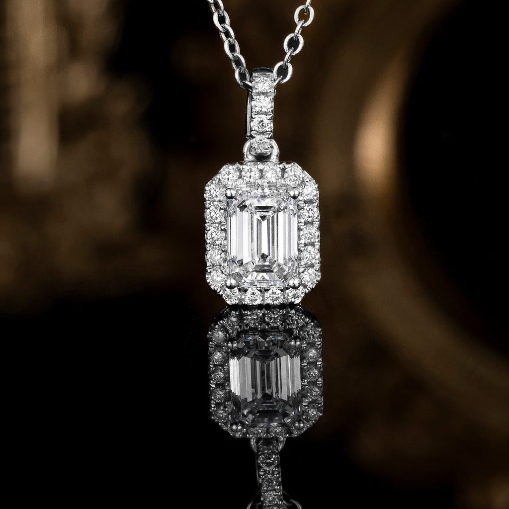 1 ct Emerald Cut Halo Lab Grown Diamond Pendant Necklace in Platinum